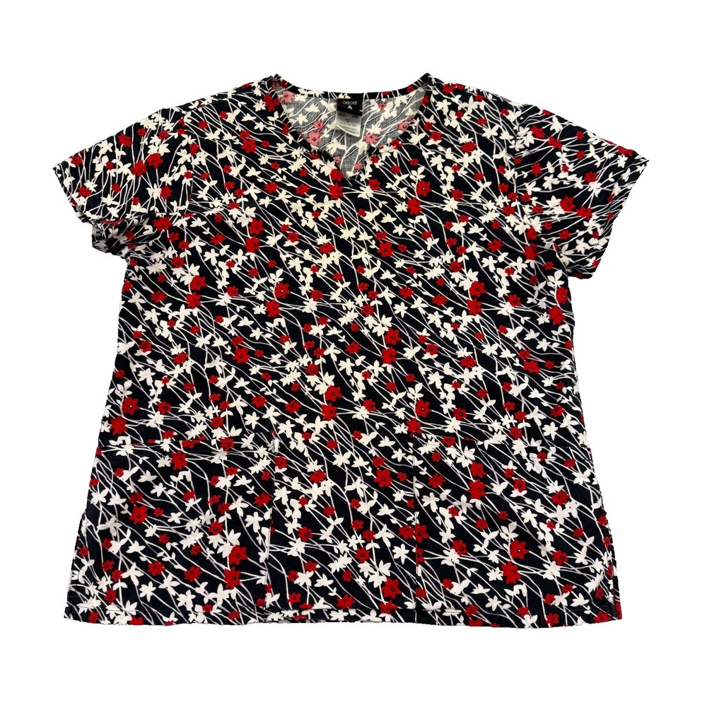 Cherokee Studio Scrub Top Womens Small Black Red Floral Pockets Cotton 3805C